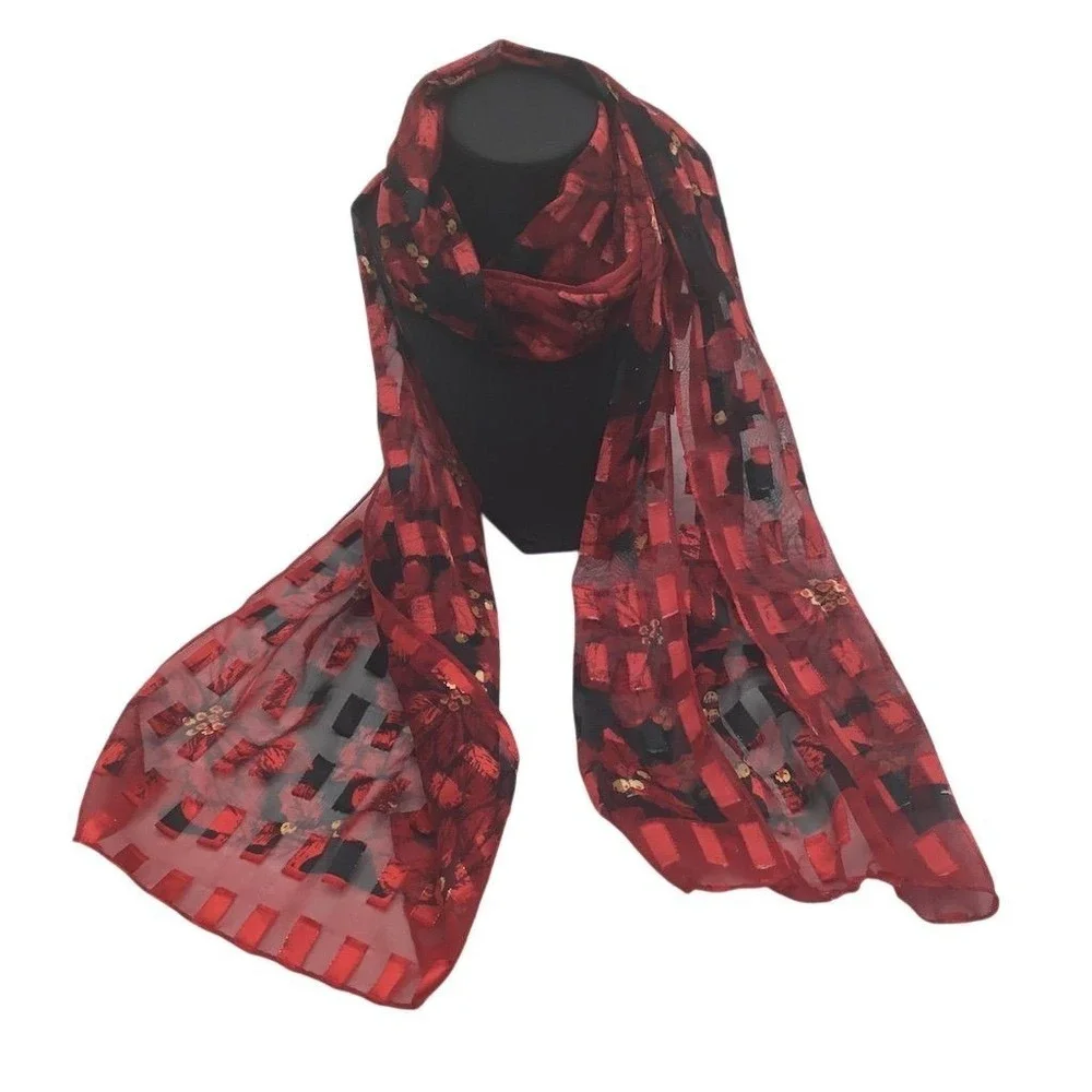 Women's Red Floral Silk Scarf 63